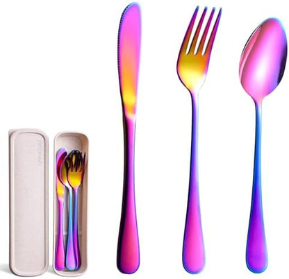 SAOSHYPEI Travel Utensils with Case, 4-Piece Stainless Steel Set, Rainbow