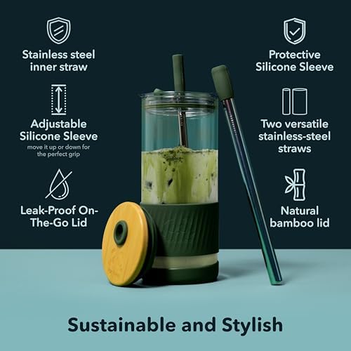 Pandaloo® Glass Cups With Lids and Straws -20 Fl Oz- Perfect Size Iced Coffee Cup - Smoothie Cup With Bamboo Lid and On the go Lid - Glass Tumbler With Straw (1 Count (Pack of 1), Autumn Gold)