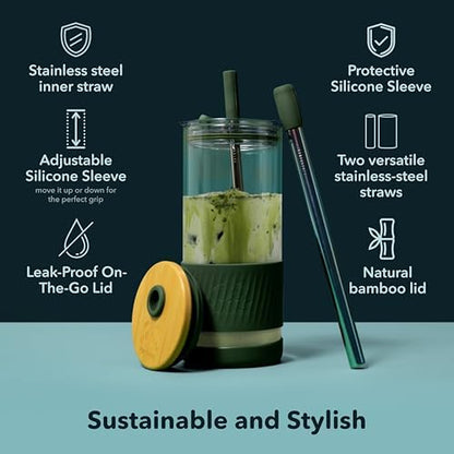 Pandaloo® Glass Cups With Lids and Straws -20 Fl Oz- Perfect Size Iced Coffee Cup - Smoothie Cup With Bamboo Lid and On the go Lid - Glass Tumbler With Straw (1 Count (Pack of 1), Tender Pink)