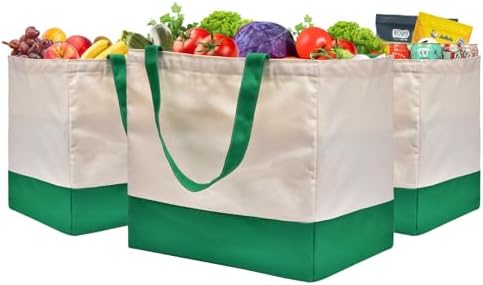 Canvas Reusable Grocery Bags Heavy Duty, 8.3 gal Foldable Large Canvas Tote Bag with Handles, Holds 60 lbs Shopping Bags, 3 Pack
