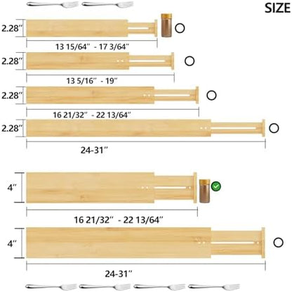 BAMEOS Bamboo Expandable Drawer Dividers – Fits 16.65"–22" Drawers, 4" Extra Deep Walls, Set of 4 | Maximum-Height Spring-Loaded Organizer for Deep Kitchen, Bathroom & Dresser Drawers