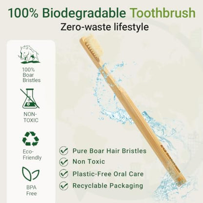 Boar Bristle Toothbrush, Natural Bamboo Toothbrushes 6 Pack