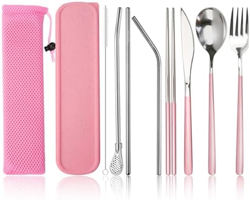 JEPELUS 10Pcs Pink Travel Cutlery Set with Case, Lunch Box Utensils