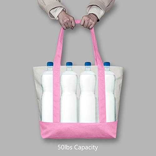 TOPDesign 30-Pack Canvas Tote Bags with an External Pocket, Reusable Grocery Shopping Bags, Top Zipper Closure, Daily Essentials (Pink/Natural)