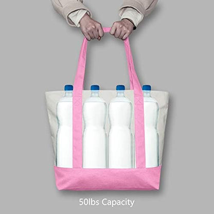 TOPDesign 30-Pack Canvas Tote Bags with an External Pocket, Reusable Grocery Shopping Bags, Top Zipper Closure, Daily Essentials (Pink/Natural)