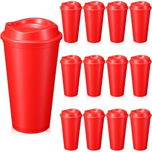 12 Pcs 16 Oz Reusable Coffee Cups with Lids - Plastic Travel Hot Cups Bulk Coffee Tumblers for DIY Hot Cold Drinks Party Favors Coworker (Red)