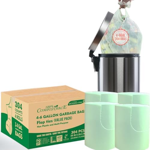 BEIDOU-PAC 4-6 Gallon Flap Tie Compostable Trash Bags, 304 Count, Compost Bags Kitchen Trash Bags, Sturdy Garbage Bags Food Scrap Waste Bags, ASTM D6400, US BPI Certified