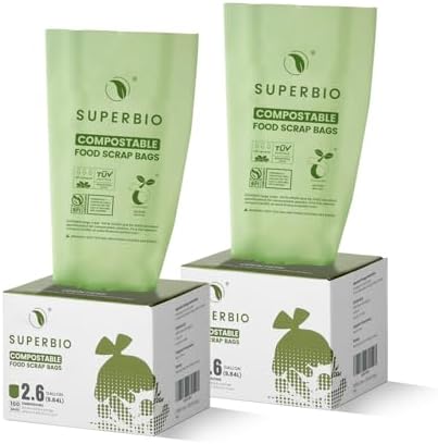SUPERBIO 2.6 Gallon Flat Top Compostable Food Waste Bags, 100 Ct, 2 Pack