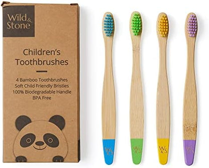 Wild & Stone Organic Children's Bamboo Toothbrush | Four Colors | Soft Fibre Bristles | 100% Biodegradable Handle | BPA Free | Vegan Eco Friendly Kids Toothbrushes
