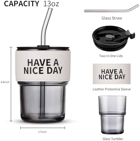 BLUEPOLAR 13oz/400ml Glass Water Tumbler with Straw and Lid Sealed Carry on Thick Wall Iced Coffee Cup for Water, Iced Tea, Fruit Juice (Have a Nice Day)