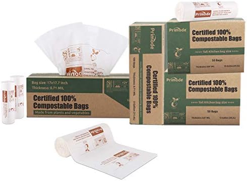 Compostable Bags, 13 Gallon Food Scraps Yard Waste Bags, 50 Count, Extra Thick 0.87 Mil. ASTMD6400 Compost Bags Small Kitchen Trash Bags, Certified By BPI And TÜV AUSTRIA