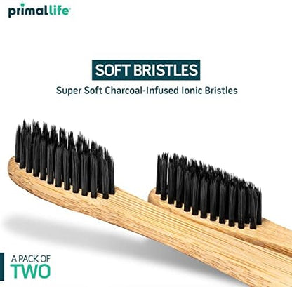 Primal Life Organics - Charcoal Toothbrush, Made with Charcoal & Bamboo, Biodegradable, BPA-Free, Perfect for Kids & Adults, Recyclable, Gently Massages Gums & Teeth, Zero Waste Toothbrush, (2-Pack)