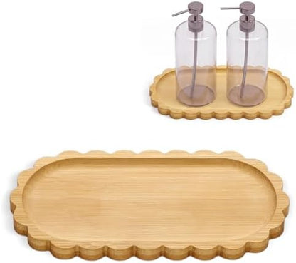 Scalloped Bamboo Soap Dispenser Tray Bathroom Rustic Decor Bamboo Countertop Tray Scalloped Soap Dish Jewelry Holder Vanity Bathtub Organizer for Bathroom Kitchen Home Decor(7'',Oval)