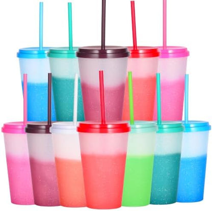 Color Changing Cups, 12 Pack 24oz Plastic Tumblers, Reusable Iced Coffee & Smoothie Cups with Lids and Straws for Parties and Travel (Bright, 12 Pack)