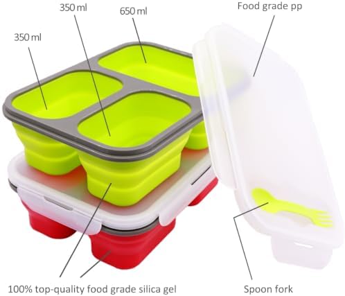2 Pack Big Size Collapsible Silicone Bento Lunch Boxes With Lids Spoons Forks,3 Compartments, Divided Lunch Food Storage Containers, Safe in Microwave, Dishwasher and Freezer, 45.6oz, BPA Free
