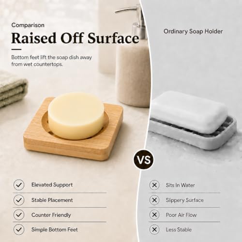 Bamboo Soap Dish for Bar Soap, Raised Wooden Holder with Drain Slots，Square Bamboo Soap Dish