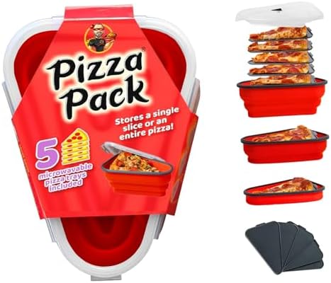 The Perfect Pizza Pack™ - Reusable Pizza Storage Container with 5 Microwavable Serving Trays - BPA-Free Adjustable Pizza Slice Container to Organize & Save Space, Red