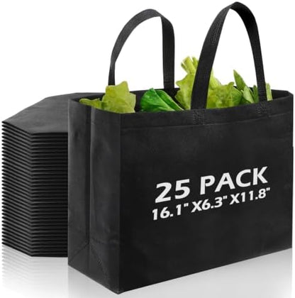 25 Pcs Reusable Tote Bag with Handles Bulk 16.1'' x 6.3'' x 11.8'' Extra Large Non Woven Grocery Shopping Bags for Shop Events Boutiques Retail Store(Black)