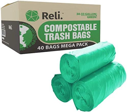 Reli. Compostable 33 Gallon Trash Bags | 40 Count | Green