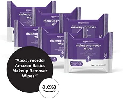 Amazon Basics Makeup Remover Wipes, Gentle Cleansing, Dermatologist Tested, Night Calming, Plant Based, Alcohol-Free, Removes Waterproof Mascara, pH Balanced, 25-Count, 6-Pack