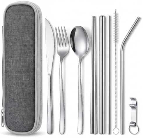 9 Pcs Portable Utensils Set Metal Straws Travel Cutlery Case Fork Spoon
