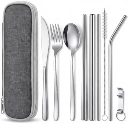 9 Pcs Portable Utensils Set Metal Straws Travel Cutlery Case Fork Spoon
