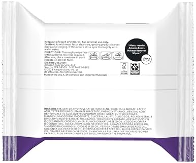 Amazon Basics Makeup Remover Wipes, Night Calming, Gentle Cleansing, Plant Based, Alcohol-Free, Removes Waterproof Mascara, Dermatologist Tested, 25 Count, 1-Pack