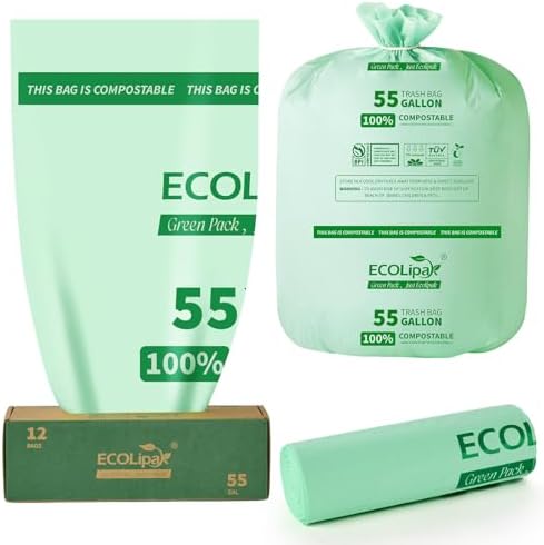 ECOLipak 55 Gallon 12 Count Large Compostable Trash Garbage Bags for Lawn