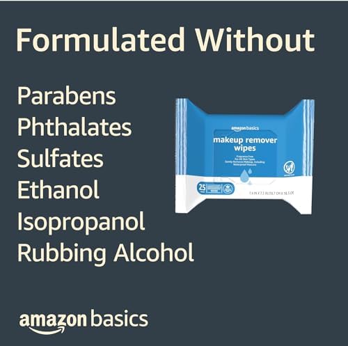 Amazon Basics Makeup Remover Wipes, Fragrance-Free, Alcohol-Free, Gentle Cleansing, Plant-Based, Dermatologist Tested, Removes Waterproof Mascara, Resealable, 25 Count, 1-Pack