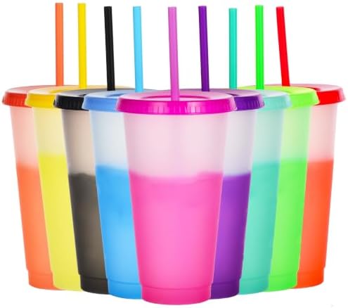 Color Changing Cups, 5 Pack 24oz Plastic Tumblers, Reusable Iced Coffee & Smoothie Cups with Lids and Straws for Parties and Travel (9 Changing, 9 Packs)