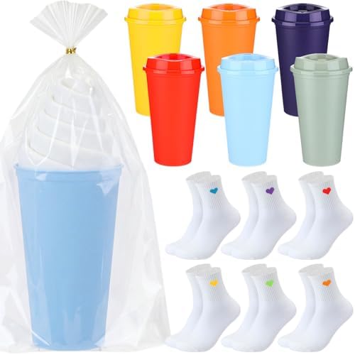 Hushee 12 Pcs Reusable Coffee Cups with Lids Bulk Women's Heart Socks 16 oz Travel Mug Plastic Tumblers for Birthday Holiday Gifts Party Favors