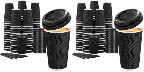 Lamosi 16 oz Disposable Coffee Cups with Lids, 100 Pack Insulated Hot Cups To Go Paper Coffee Cups with Lids and Straws, Corrugated Ripple Wall Cup for Hot Drink, Office, Coffee Bar (Black)