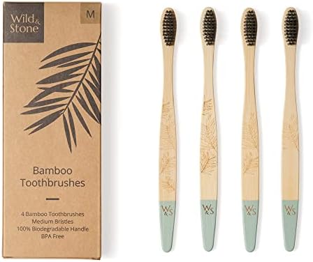 Wild & Stone | Medium Bristle Organic Bamboo Toothbrush | Four Handle Patterns | Medium Fibre Bristles | 100% Biodegradable Handle | Vegan Eco Friendly Bamboo Toothbrushes (Bamboo Green)