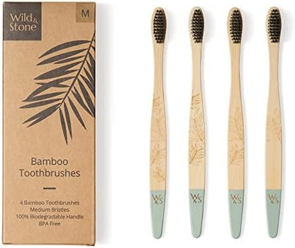 Wild & Stone | Medium Bristle Organic Bamboo Toothbrush | Four Handle Patterns | Medium Fibre Bristles | 100% Biodegradable Handle | Vegan Eco Friendly Bamboo Toothbrushes (Bamboo Green)
