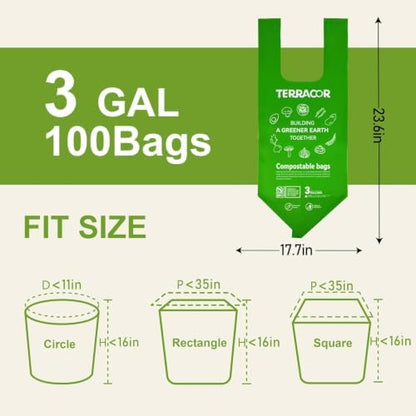 Compost Bags, 3 Gallon Compostable Food Scrap Bags Handle Tie,200 Count (Pack of 2),Certified by BPI and ASTM D6400