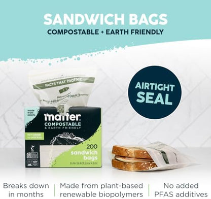 Matter Compostable Sandwich Bags, Resealable, 200 Count, Made From Plants