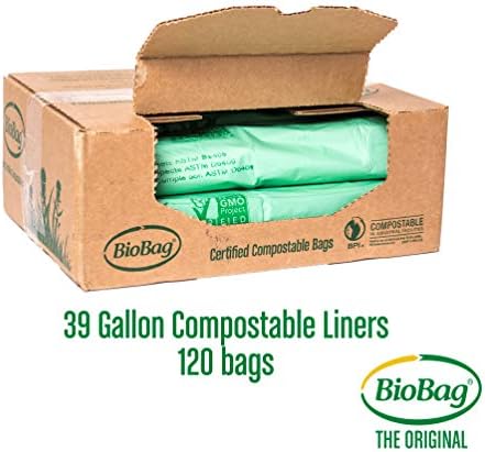 BioBag (USA) The Original Compostable Bag, 39 Gallon, 120 Count, 100% Certified Compostable Trash Bag Liners for Food Waste, Extra Strong and Durable, Trash Bag