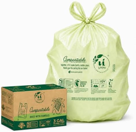 UNNI 3 Gallon Compostable Bags with Easy-Tie Handles, 11.35 L, 100 Count