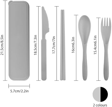 2 Sets Plastic Reusable Utensils Set with Case, Travel Chopsticks Fork Spoon Knife Set for Lunch Box, Portable Cutlery Sets for Travel Camping Daily Use (Black, Grey)