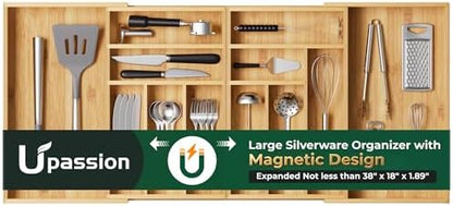 Large Silverware Organizer, 12 Slots Magnetic Connected Expandable Bamboo Utensil Drawer Organizer From 21 to 37.4 Inches, Adjustable Flatware and Cutlery Holder, Utensil Tray for Kitchen Natural