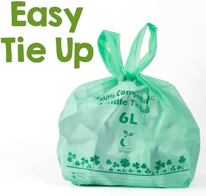 1.6 Gallon Tie Handles Compost Trash Bags 120 Food Scrap Bags, Compostable Kitchen Waste Bags with Europe EN13432 & ASTM D6400 Certified