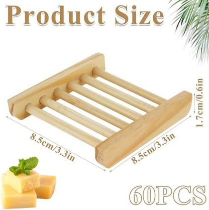 60 PCS Bamboo Soap Dish for Shower 3.3x3.5x0.7 Inch Wooden Soap Holder Self Draining Bamboo Soap Holder Handmade Wooden Soap Dish for Bar Soap Wood Soaps Tray for Bathroom, Shower, Kitchen