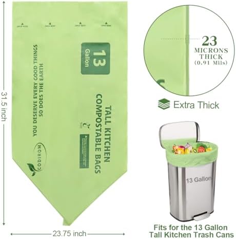 100% Compostable Trash Bags, 13 Gallon, 49.2 Liter, 0.91 Mils, 65 Count Kitchen Tall Food Scrap Compost Bags for Tall Kitchen Trash Cans with Europe EN13432 Certified