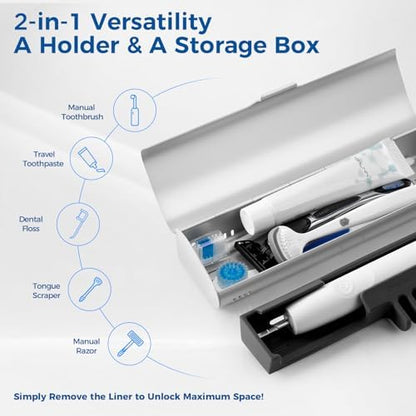 Aluminum Electric Toothbrush Travel Case, 2 in 1 Travel Toothbrush Holder for Oral B/Oral-B Pro 1000 1500 5000 and Most Electric Toothbrush for Traveling, Removable Silicone Liner-Silver