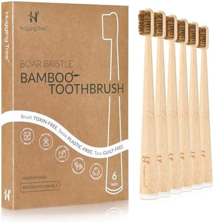 Boar Bristle Bamboo Toothbrush, Made from Natural Boar Hair Bristles, Plastic-Free (Pack of 6)