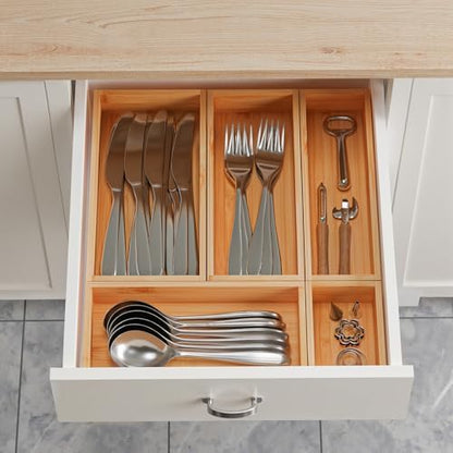 Bamboo Drawer Organizer Boxes, 5 PCS Junk Drawer Organizer, Wooden Storage Trays for Kitchen, Bathroom, Office, Makeup