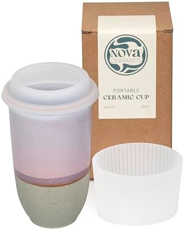 NOVA CERAMICS Coffee Travel Mug – Reusable To Go Mug – Microwave & Dishwasher Safe White & Purple Tumbler - Gifts For Women Men Him Her – 16oz – Horizon