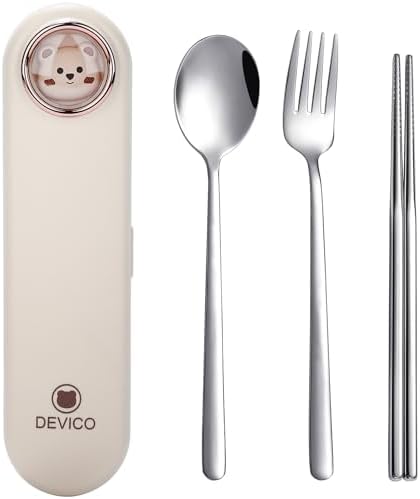 DEVICO Travel Utensils with Case Cute, Reusable Silverware for Lunch, 4Pcs Portable Cutlery Set, 18/8 Stainless Steel Fork Spoon Chopsticks in Cartoon Case, Dishwasher Safe (Light Yellow)