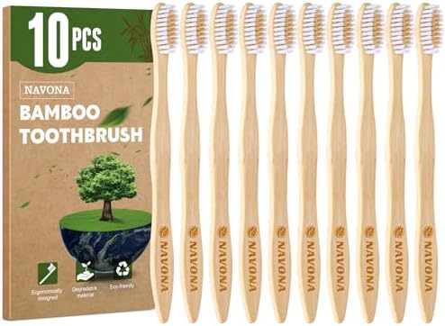 10 PCS Bamboo Toothbrushes Pack, Natural & Eco-Friendly Wooden Toothbrush