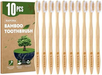 10 PCS Bamboo Toothbrushes Pack, Natural & Eco-Friendly Wooden Toothbrush